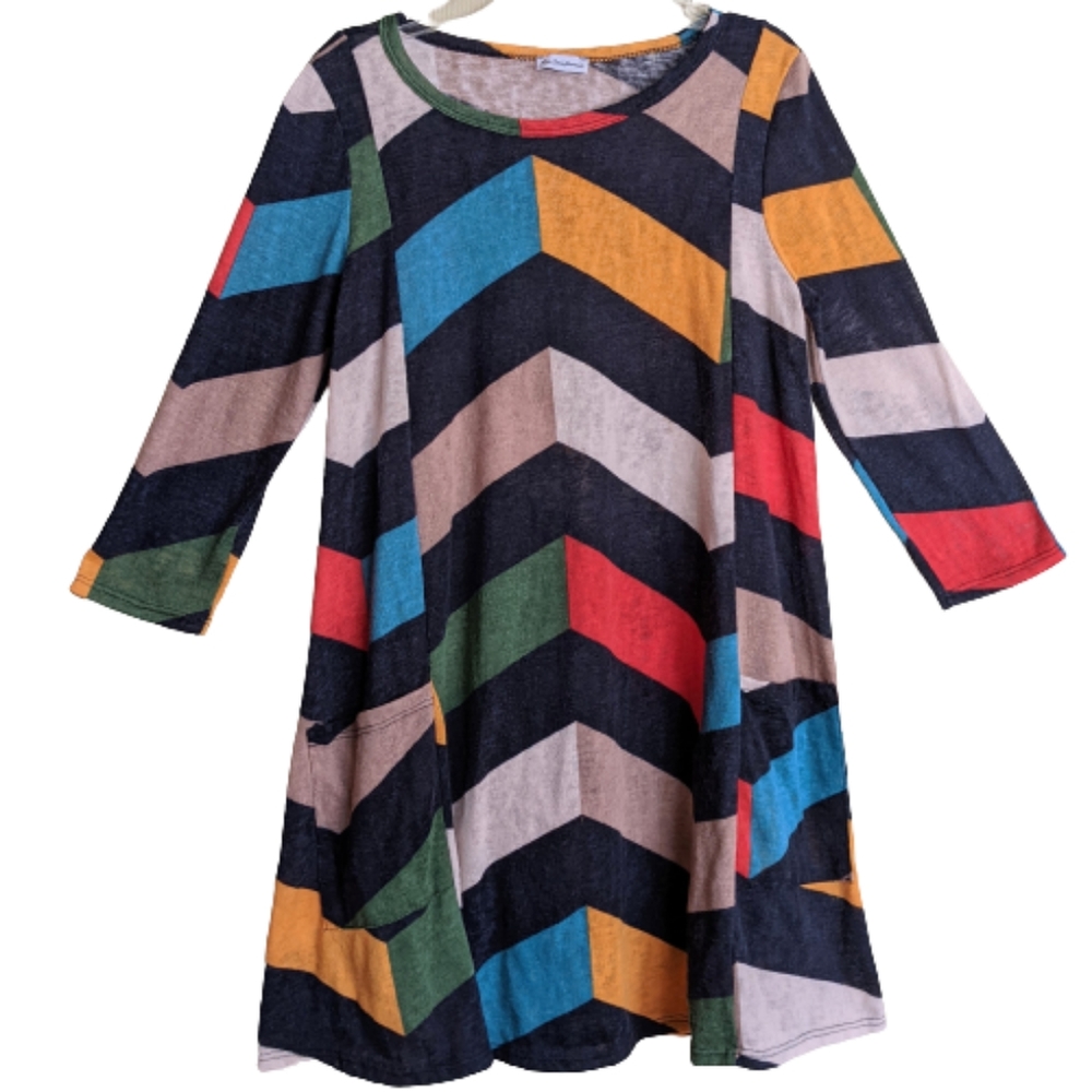 Vintage Egs California Swing Knit Dress Multicolor Abstract Chevron Print 80s